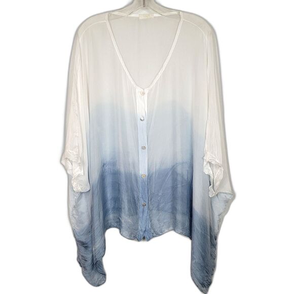 Scandal Italy Silk Top Sheer White Blue Boho Fairy Kimono Sleeve Flowy Resort OS - Picture 1 of 9